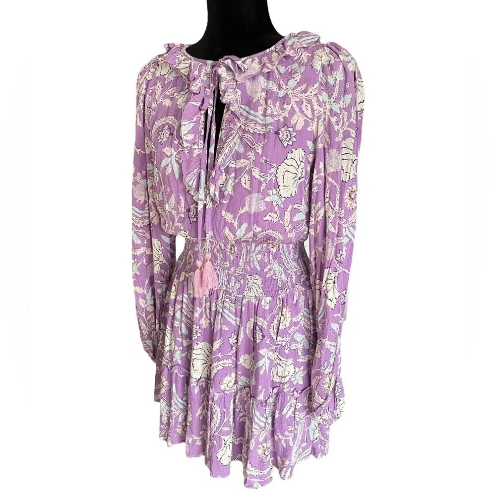 NWT House of Harlow 1960 Mini Dress Purple Floral Ruffle Tassels